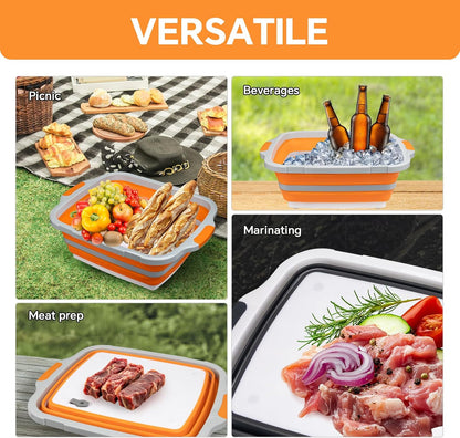 XUDAKAIXIN Collapsible BBQ Prep Tub for Meal Prep, Marinating,Food Storage, picnics, camping, barbecues,cutting fruits and vegetables - Includes Cutting Board and Locking Lid,(X-Large) Black