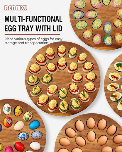 Renmxj Deviled Egg Containers with Lid (24 Eggs), 2026 Upgraded Acacia Wooden Deviled Egg Tray Platter for Party and Home Kitchen, The Lid is Dishwasher Safe (Black)