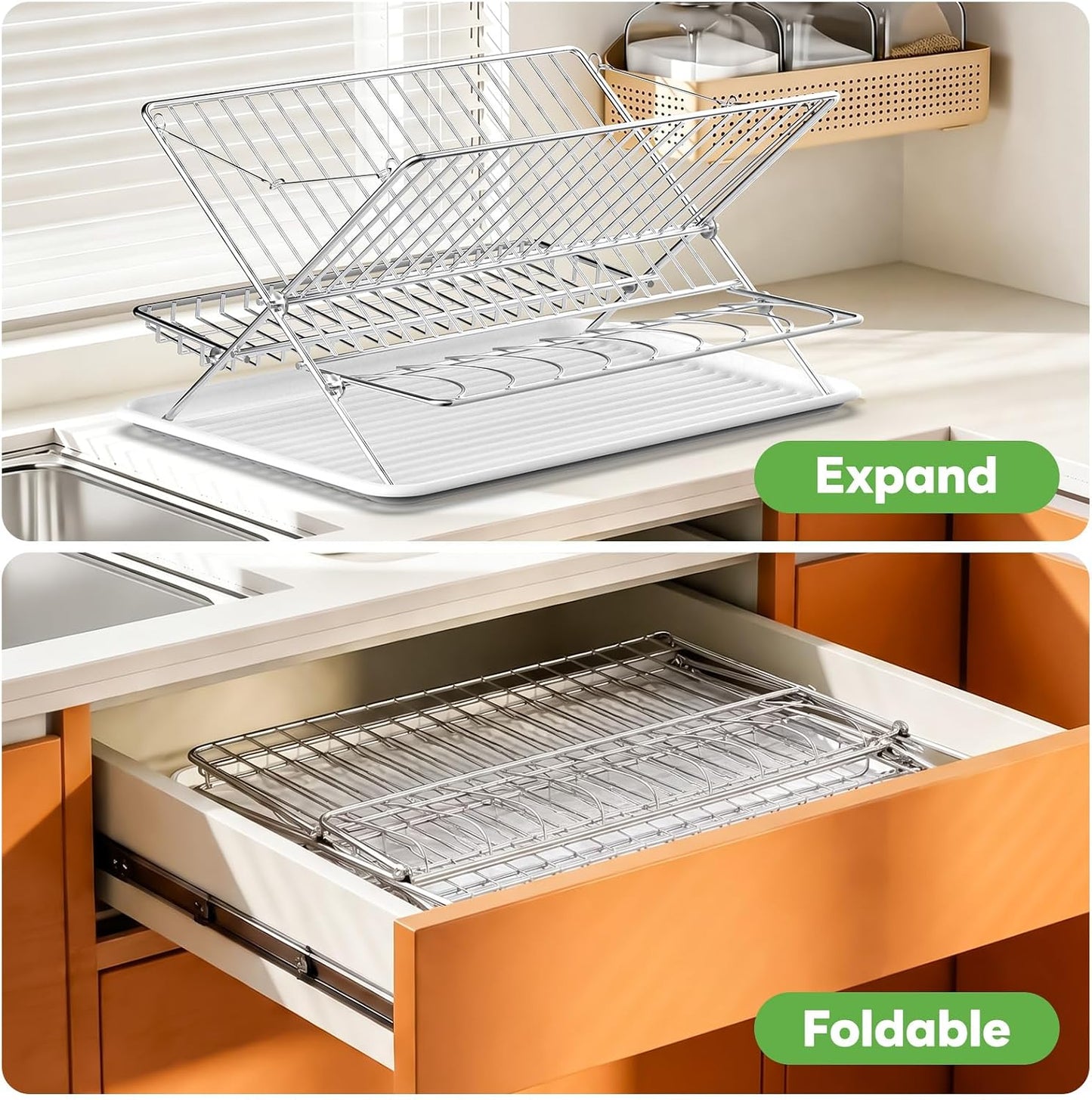 Expandable Over The Sink Dish Drainer Drying Rack, Stainless Steel Metal, Small Adjustable Dish Drainer Drying Rack for Kitchen Counter, Space Saving for Compact Kitchen