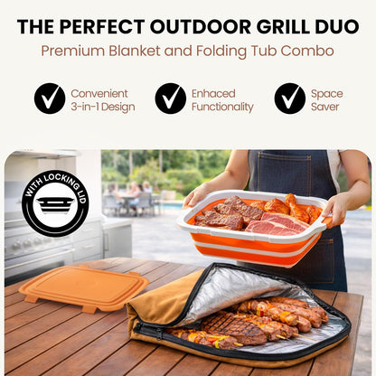 BBQ Prep Tub with BBQ Blanket, 16L Multifunctional Camping Cutting Board with Locking Lid, Reusable Meat Resting Bag for Smoking, Collapsible Dish Basin for Marinating Food (Large 16L)