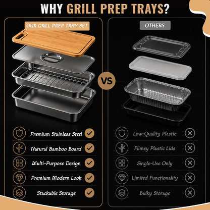 Grill Prep Trays & Serve Set, Stainless Steel BBQ Grill Carrying System with Deep Tray, Shallow Tray, Lid & Cutting Board, Large Capacity Marinating Tray, Portable Grill Container for Outdoor Cooking