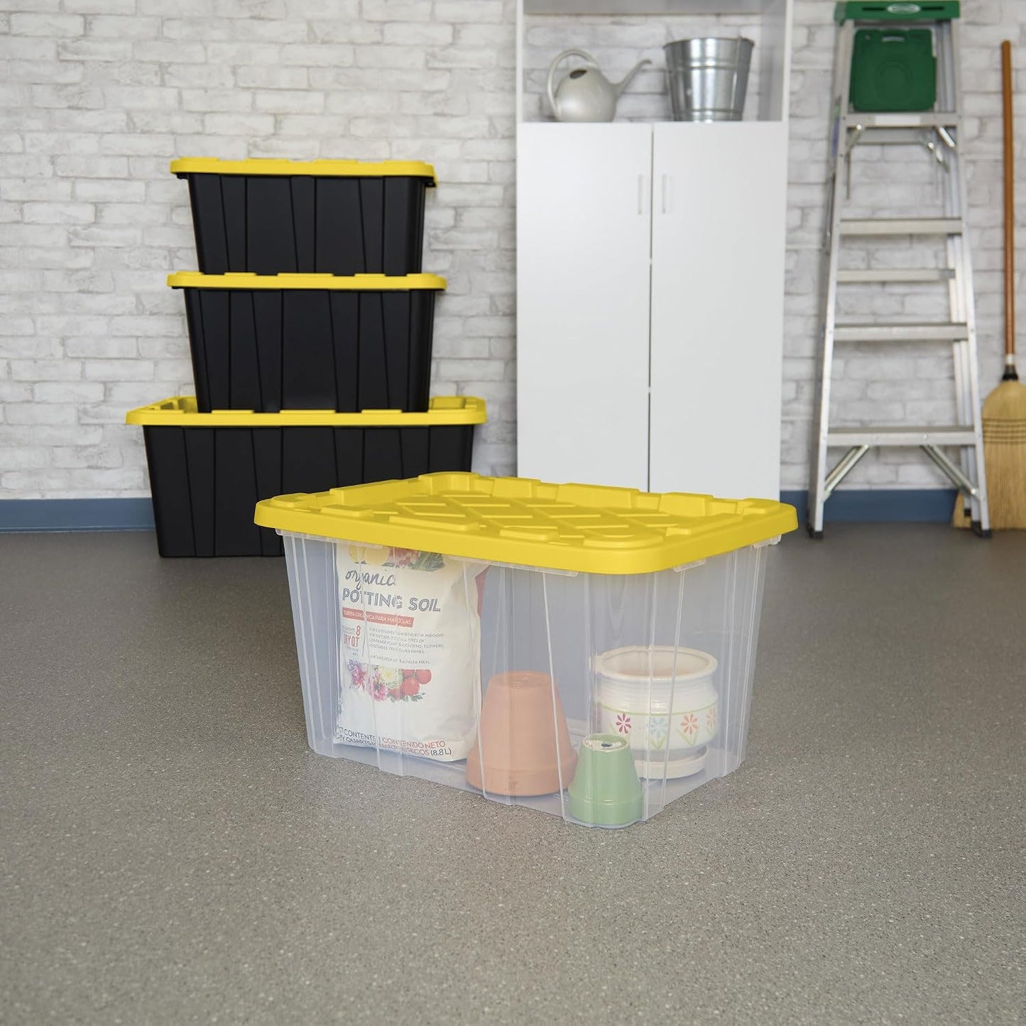 Sterilite 4-Pack 27 Gallon Industrial Storage Tote, Heavy-Duty Plastic Bins, Black/Yellow - Stackable Utility Organizers with Lids for Garage, Camping Tools, and Outdoor Gear