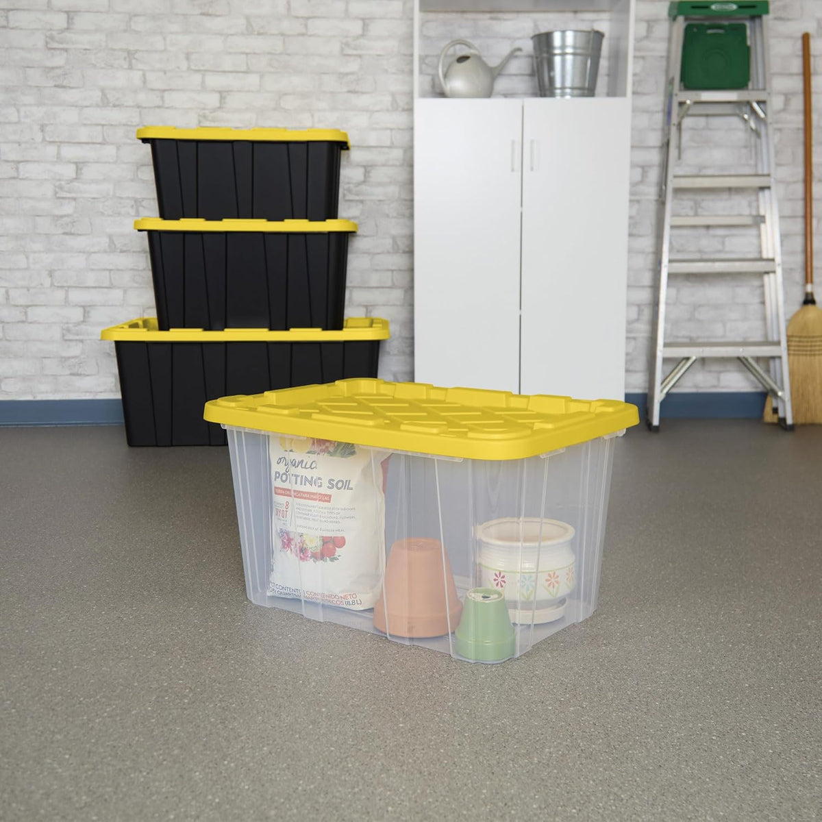 Sterilite 4-Pack 27 Gallon Industrial Storage Tote, Heavy-Duty Plastic Bins, Black/Yellow - Stackable Utility Organizers with Lids for Garage, Camping Tools, and Outdoor Gear