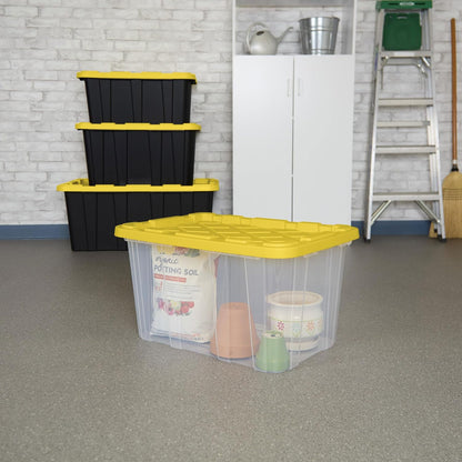 Sterilite 4-Pack 27 Gallon Industrial Storage Tote, Heavy-Duty Plastic Bins, Black/Yellow - Stackable Utility Organizers with Lids for Garage, Camping Tools, and Outdoor Gear