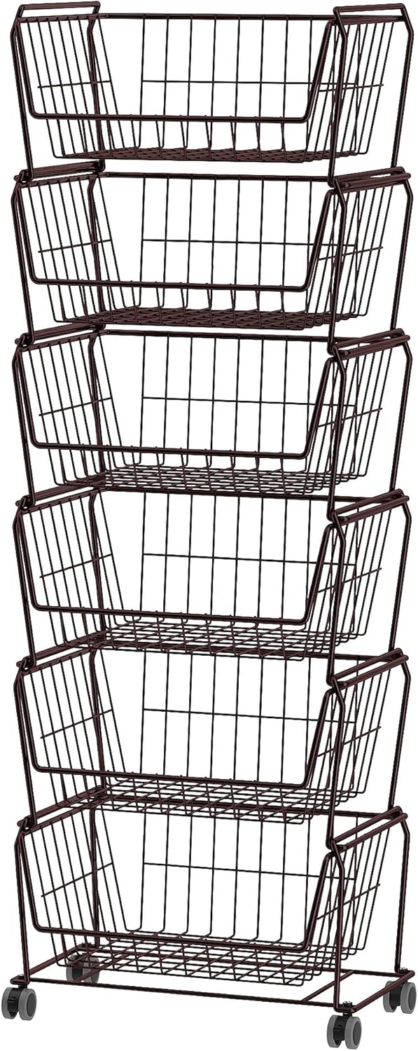 PUSDON 4-Tier Spacious Stackable Wire Storage Baskets with Wheels, Metal Rolling Utility Cart Organizer, Fruit and Vegetable Produce Basket for Kitchen Pantry, Everyday Bathroom Shelf, Silver Grey