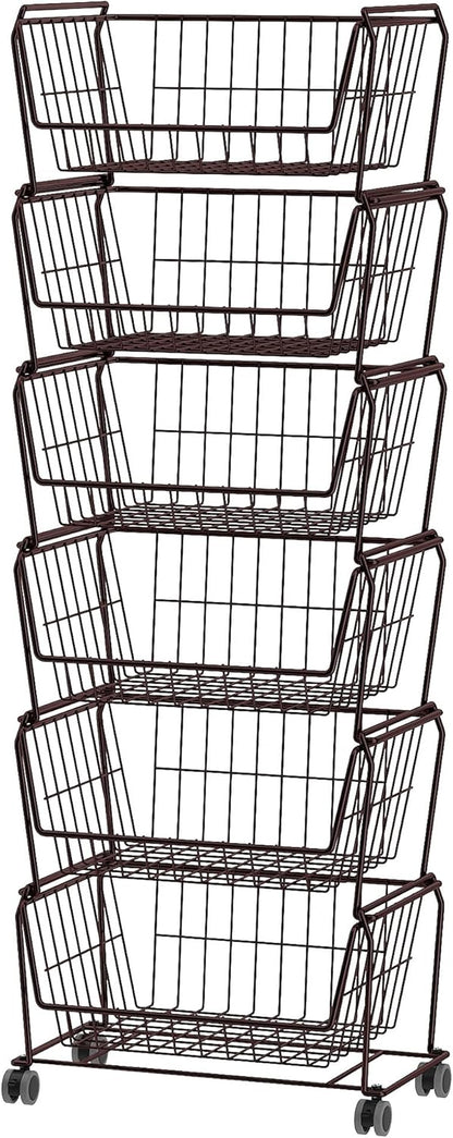 PUSDON 4-Tier Spacious Stackable Wire Storage Baskets with Wheels, Metal Rolling Utility Cart Organizer, Fruit and Vegetable Produce Basket for Kitchen Pantry, Everyday Bathroom Shelf, Silver Grey