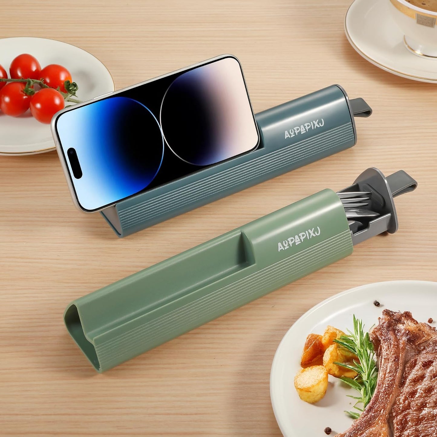 18/8 Stainless Steel Reusable Portable Utensils Set with Case & Phone Stand - Travel Flatware Kit for Office, Camping, Picnic, Outdoor Activities