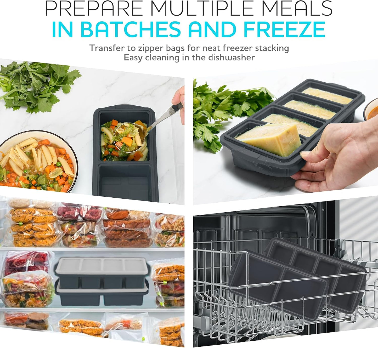 Silicone Freezer Tray With Lid-Soup Freezer Container molds-Large Ice Cube Tray Set Makes 1-Cup & 2-Cup portions cubes Perfect for preparing meals in different portion sizes Oven & Dishwasher -Safe