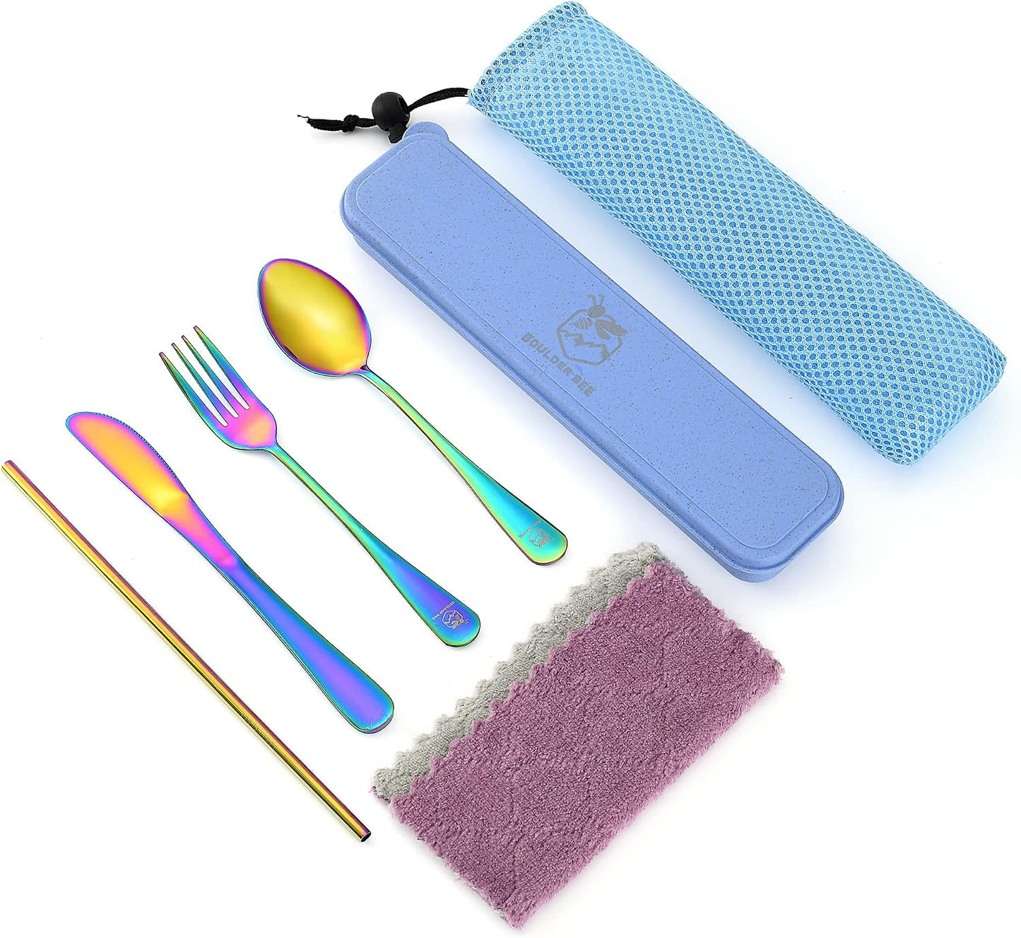 Boulder Bee | Travel Utensils Set | Reusable Camping Cutlery Set | Stainless Steel Flatware Set | Portable Silverware Set with Case | Includes Knife/Fork/Spoon/Straw/Cleaning Cloth/Case (Purple)