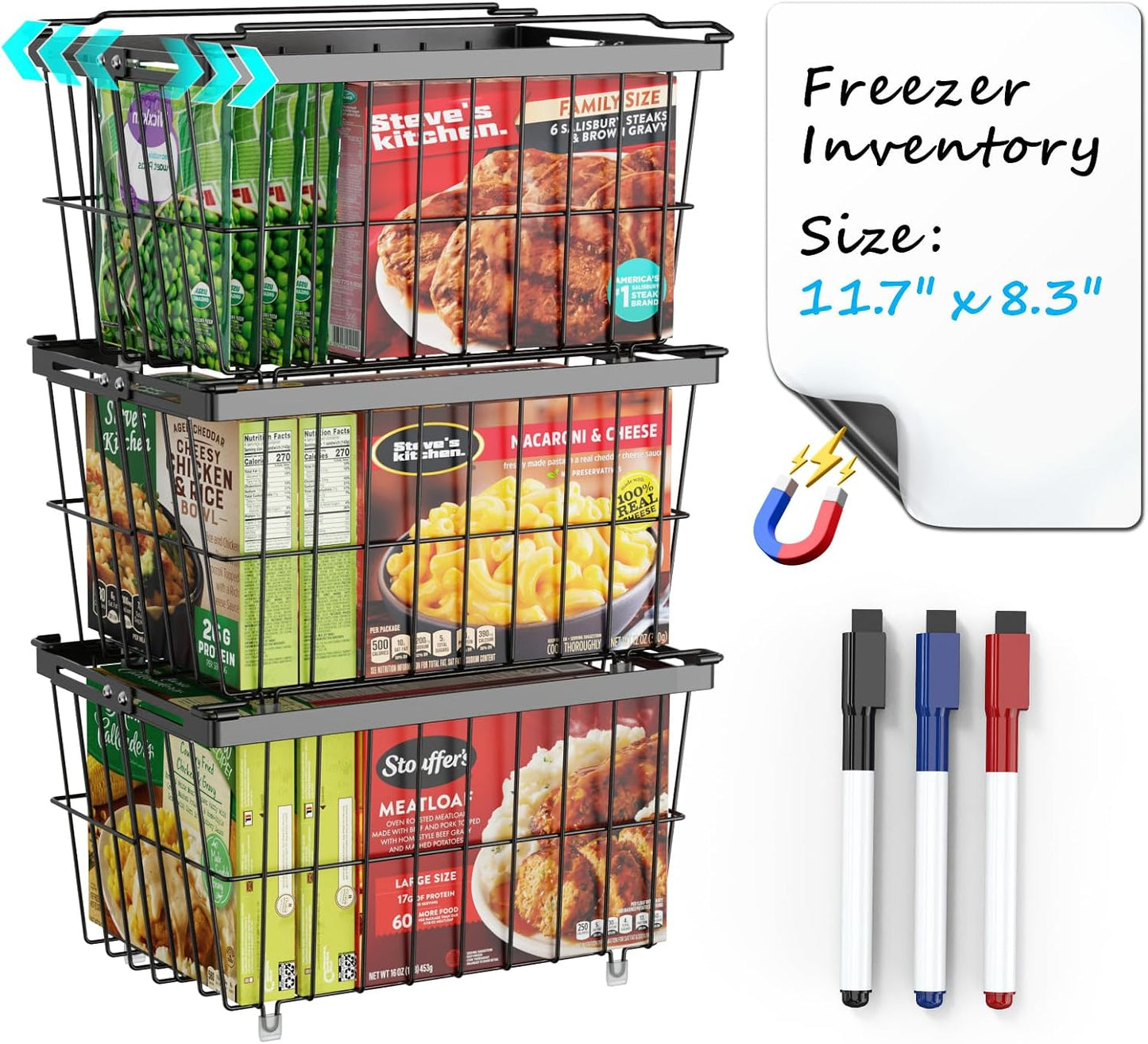 iSPECLE Chest Freezer Organizer - Adjustable Width & Extra Depth, 3 Pack | For 5-7 Cu Ft Chest Freezers, Stackable Large Freezer Organizer Bins, Easy Food Access & Organization, No Wasted Space, White