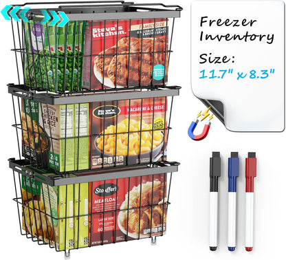 iSPECLE Chest Freezer Organizer - Adjustable Width & Extra Depth, 3 Pack | For 5-7 Cu Ft Chest Freezers, Stackable Large Freezer Organizer Bins, Easy Food Access & Organization, No Wasted Space, White