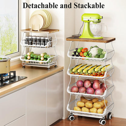 SAYZH Fruit Basket Kitchen Pantry Organizers and Storage - Wooden Top Table, Stackable Metal Wire Basket Stand Cart for Fruit Vegetable Snacks Onion Potato Organization (Black, 5 Tiers)