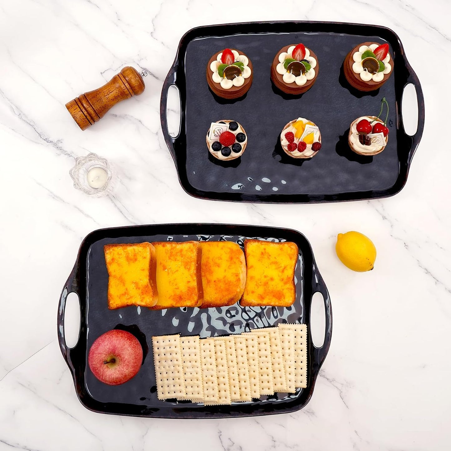 TP Large Serving Trays with Handles, 19" x 12" Melamine Serving Platters for Food, Turkey, Set of 2 Rectangular Trays for Party, Pure White
