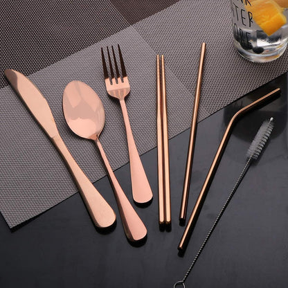 Travel Utensils Set with Case Reusable Portable Cutlery Set Stainless Steel 8pcs Including Dinner Knife Fork Spoon Chopsticks Straws(Rainbow)