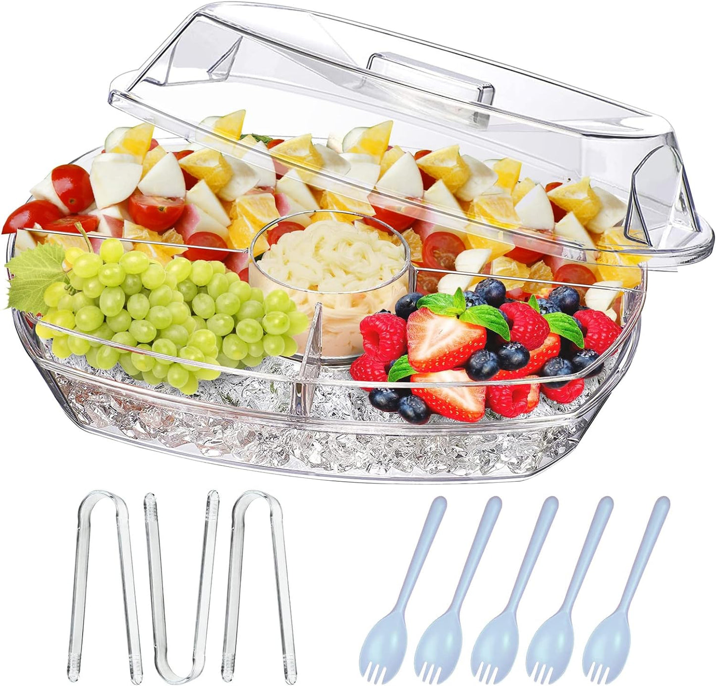 INNOVATIVE LIFE Appetizer Serving Tray on Ice, 15 Inch Party Platter with 4 Ice Cube Tray, Kitchen Chilled Food Bowl with Compartment and Lids for Shrimp, Fruits, Vegetables, Salads, Sushi, Clear