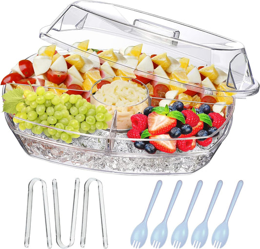 INNOVATIVE LIFE Appetizer Serving Tray on Ice, 15 Inch Party Platter with 4 Ice Cube Tray, Kitchen Chilled Food Bowl with Compartment and Lids for Shrimp, Fruits, Vegetables, Salads, Sushi, Clear