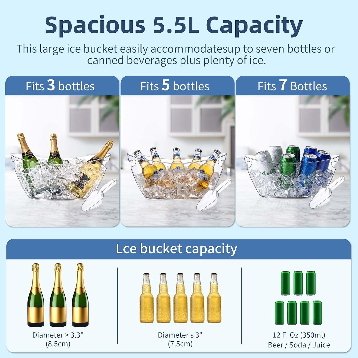 Ice Bucket for Parties 5.5L - Clear Acrylic Champagne Bucket with Scoop, Large Beverage Tub for Cocktail Bar, Wine, Beer, Soda & Drinks