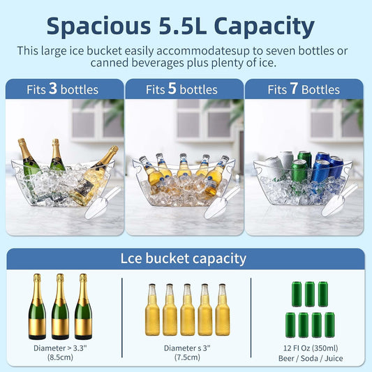 Ice Bucket for Parties 5.5L - Clear Acrylic Champagne Bucket with Scoop, Large Beverage Tub for Cocktail Bar, Wine, Beer, Soda & Drinks