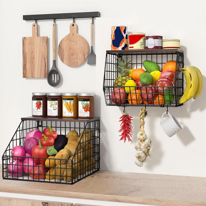 White Fruit Bowl Wire Basket Storage Pantry Fruit and Vegetable Storage Fruit Basket for Kitchen Counter Stackable Wall Mounted Hanging Basket Wire Basket with Wood Lid with Hanger Hooks