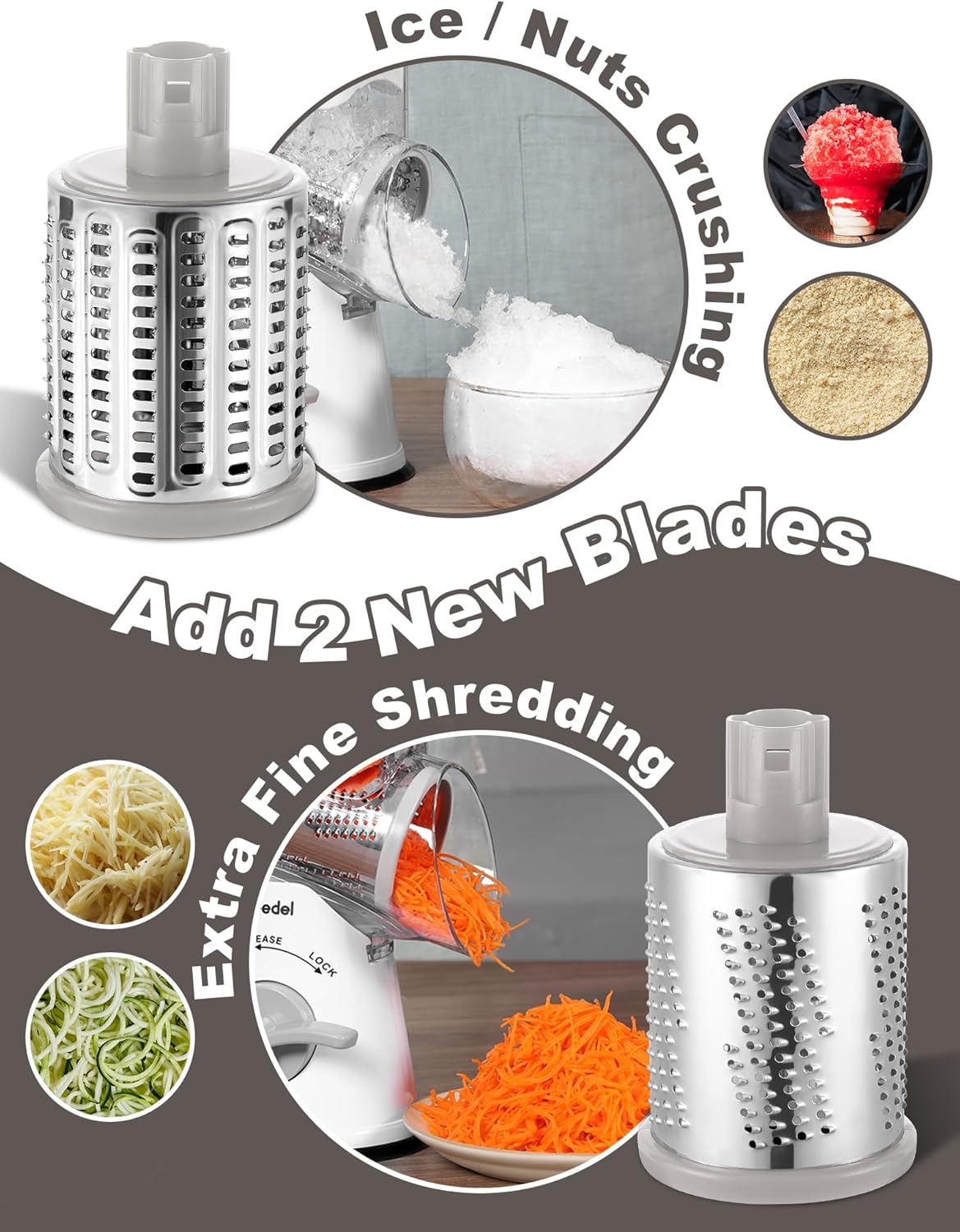 Geedel Rotary Cheese Grater, Kitchen Mandoline Vegetable Slicer with 3 Interchangeable Blades, Easy to Clean Rotary Grater Slicer for Cheese, Vegetables, Nuts