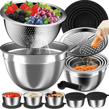 Mixing Bowls with Lids Set, 16PCS Stainless Steel Mixing Bowls,Nesting Storage Bowls for Kitchen with Mixing Bowls Set, Colander, Strainer & Grater , Metal Salad Bowl for Kitchen Gadgets , Cream