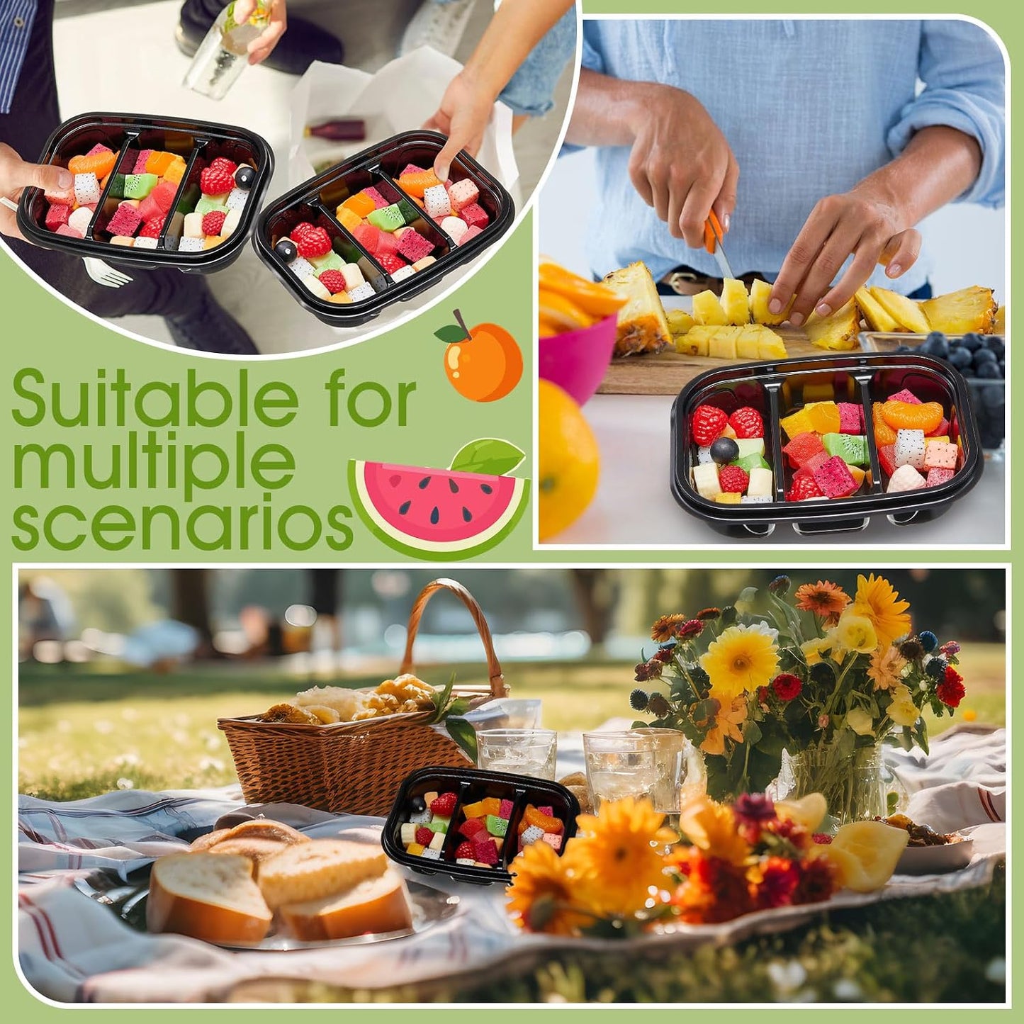 Chunful 36 Pcs 3 Compartment Transparent Snack Containers with Lids Disposable Bento Box Plastic Food Meal Prep Containers for Condiment Salad Dipping School Work Lunch