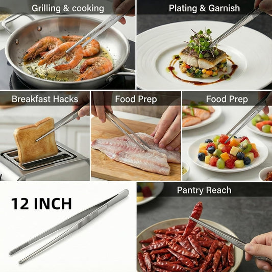 12 Inch Stainless Steel Precision Kitchen Tweezers - Professional Chef-Grade Food Tongs for Cooking, Plating, and Grilling - Fine Serrated Tips for Secure Grip