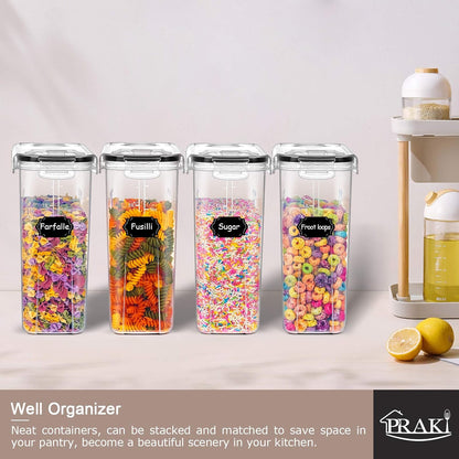 PRAKI Cereal Containers Storage Set (4L,135.2 Oz), 8PCS Airtight Food Storage Containers with Lids for Kitchen & Pantry Organizers and Storage, Cereal Dispensers with 20 labels, Measuring Cup & Marker