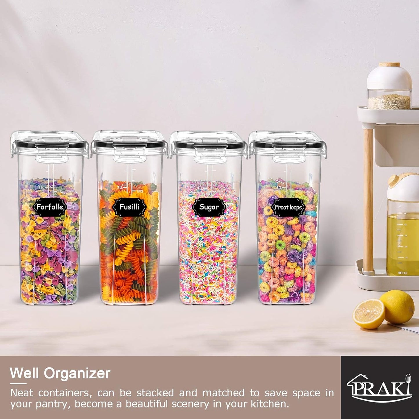 PRAKI Large Dry Food Storage Containers with Lids, 6PCS Airtight Cereal Containers Storage Set, Leak-proof Canister Set for Kitchen Pantry Organization with 20 Labels & Marker (4L Black)