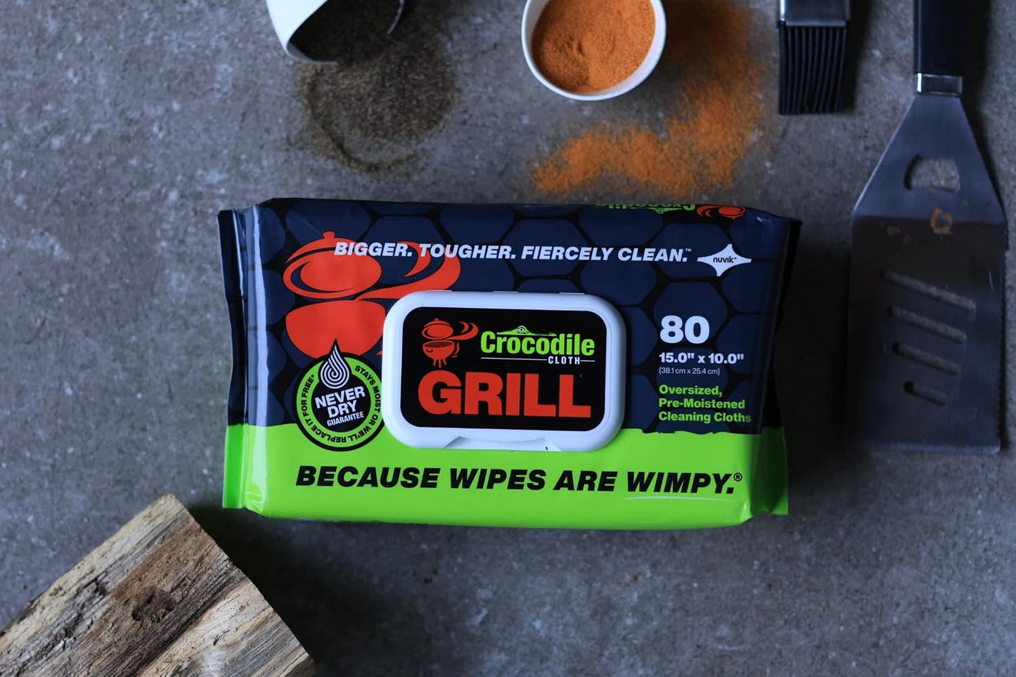 Crocodile Cloth Grill - 80 (15" x 10") Plant-based Cleaning Wipes. Safe on Skin & Multiple Surfaces. Infused with Aloe & Vitamin E. Large, Pre-Moistened & Absorbent.