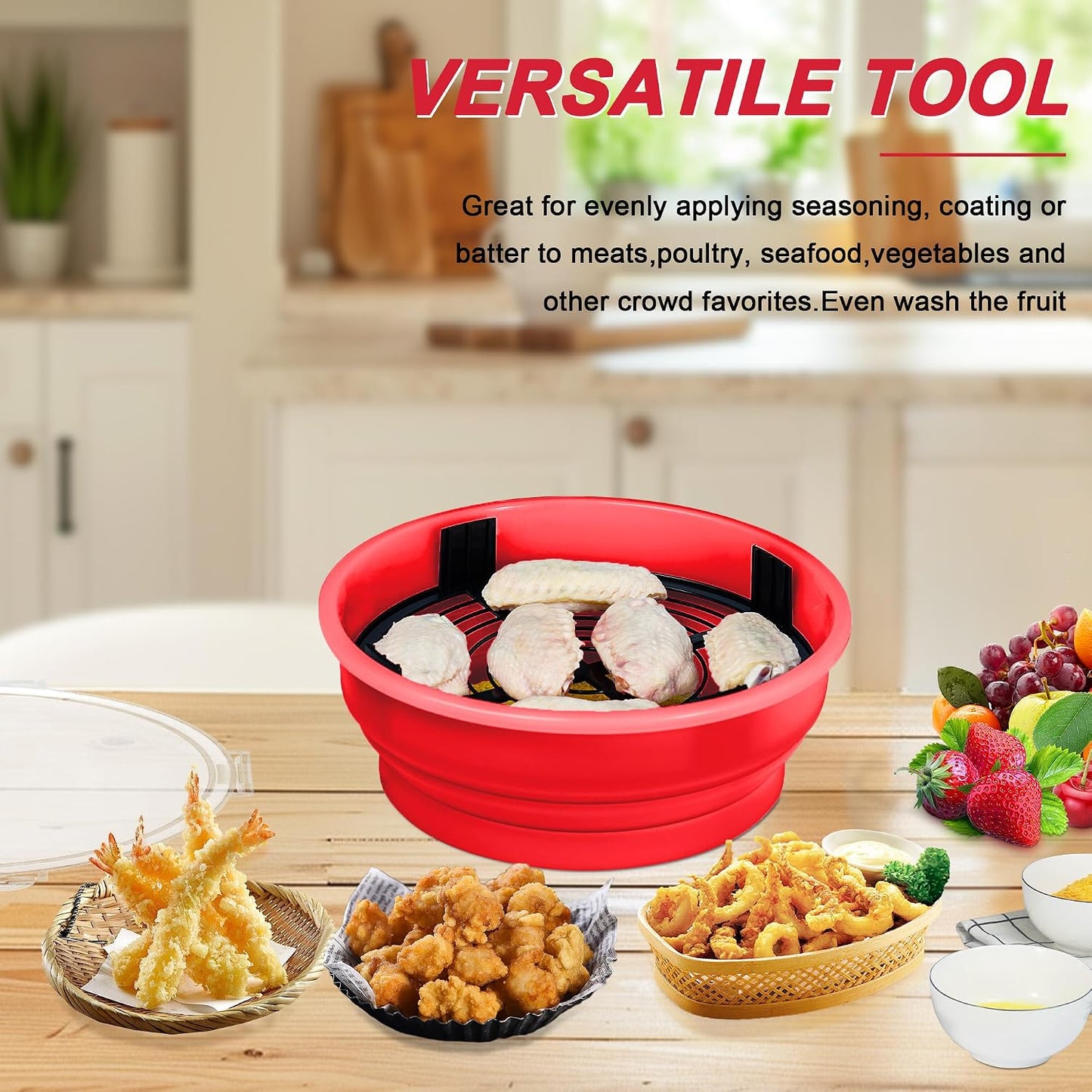 FJNATINH Collapsible Batter Bowl - Mess Free Better Breader Shaker Bowl with Lid Breading Shaker Container for Fried Fish, Fried Chicken, Onion Rings & More,No Leak,Easy to Store,Light Blue