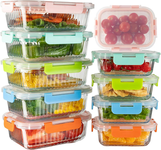 10 Pack Glass Meal Prep Containers, Food Storage Container Set with Snap Locking Lids, Airtight Lunch Boxes for Kitchen, Microwave, Oven, Freezer, and Dishwasher Safe (Multicolored)