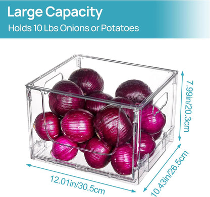Vtopmart 2 Pack Large Foldable Open Front Storage Bins with Lids for Potato and Onion, Stackable Clear Plastic Container Organizer for Pantry, Kitchen, Cabinet, Bathroom, Closet Organization