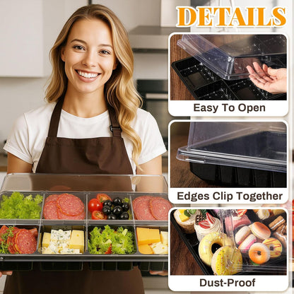 Shellwei 5 Pack 8 Compartments Divided Charcuterie Board with Lid Large 15 x 10 Inch Disposable Catering Serving Trays with Lid Reusable Plastic Serving Platter