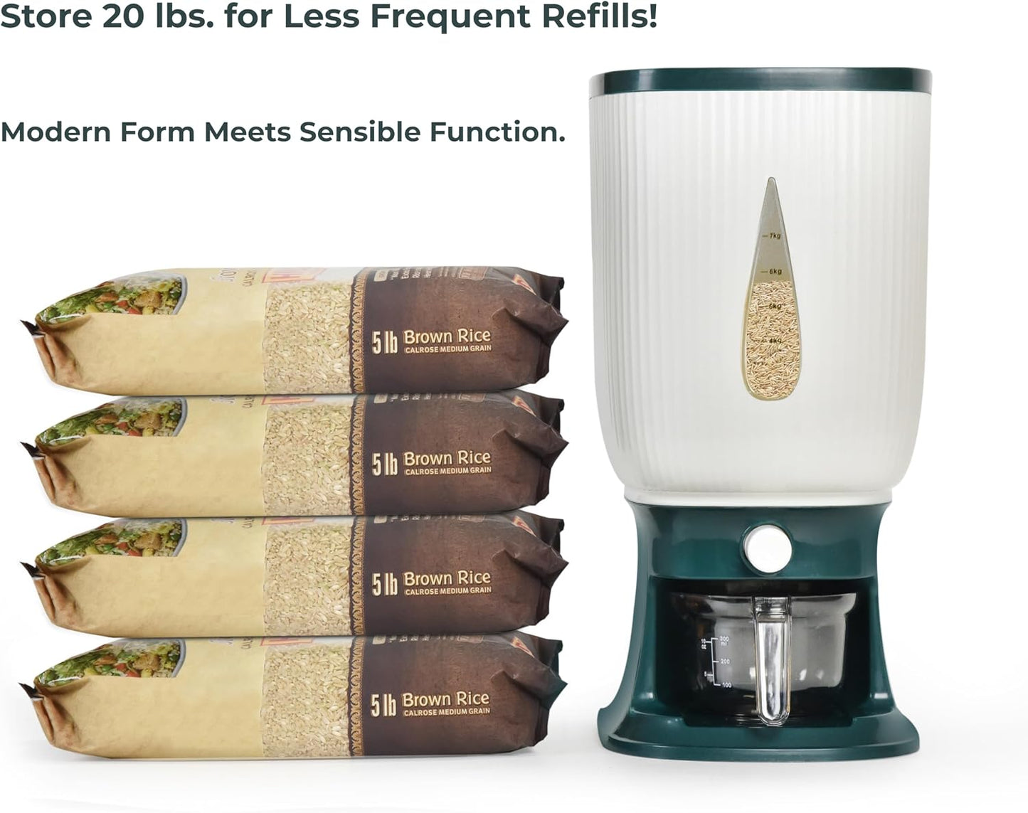 Rice Dispenser for Countertops – Seal 20 Lbs. of Food in Your Small, Strong, Light Rice & Cereal Dispenser – Brush & Measuring Cup Included – White-Green – Home & Kitchen Goods