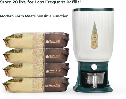 Rice Dispenser for Countertops – Seal 20 Lbs. of Food in Your Small, Strong, Light Rice & Cereal Dispenser – Brush & Measuring Cup Included – White-Green – Home & Kitchen Goods