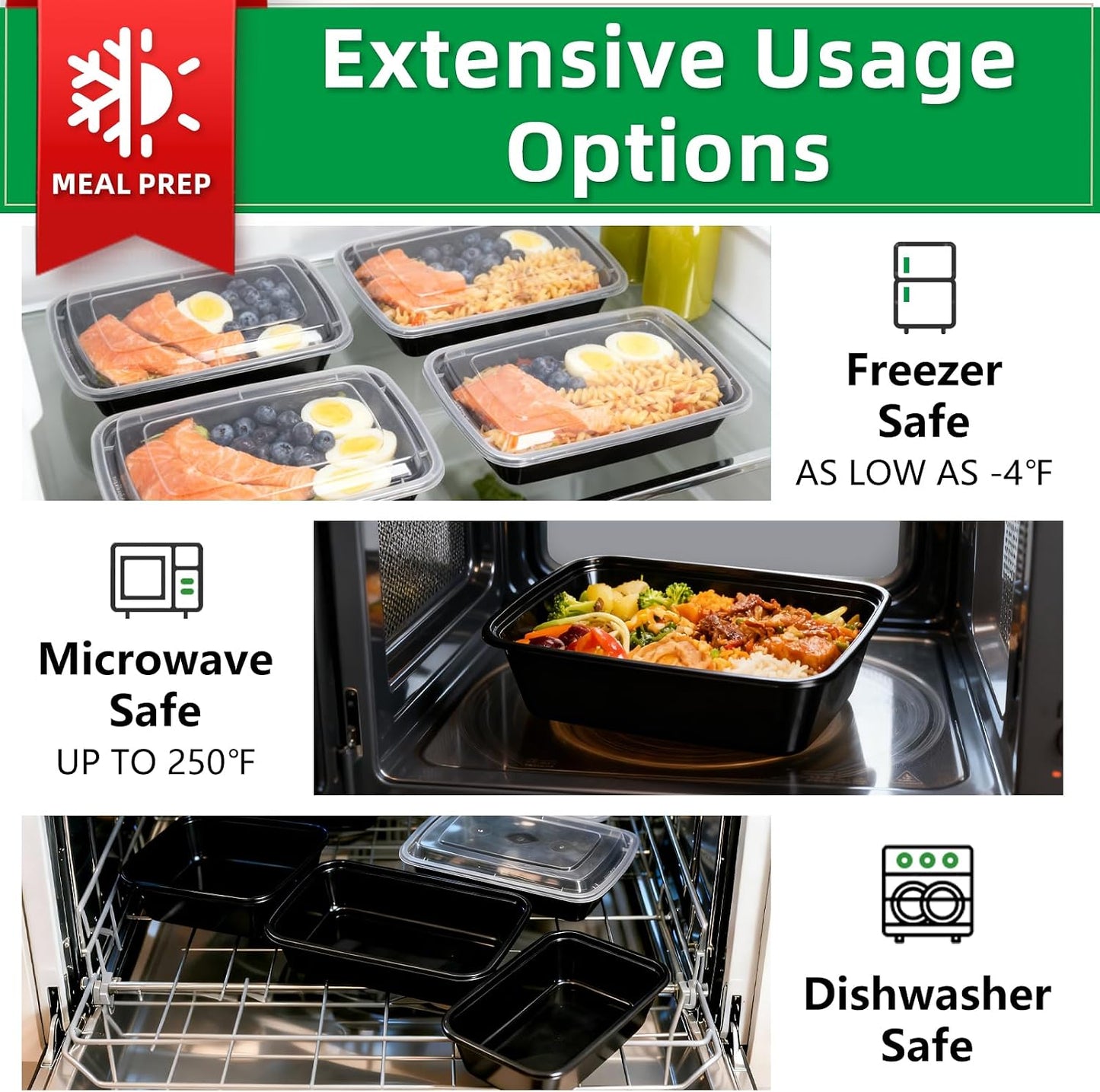Meal Prep Containers 2 Compartment 15 Pack, 28 oz Divided Reusable Food Storage Containers with Lids Takeout Food Storage Containers Black, Microwave Dishwasher Freezer Safe, Stackable, BPA Free