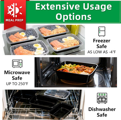Meal Prep Containers 2 Compartment 15 Pack, 28 oz Divided Reusable Food Storage Containers with Lids Takeout Food Storage Containers Black, Microwave Dishwasher Freezer Safe, Stackable, BPA Free