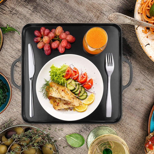 i BKGOO Foodservice Red Plastic Tray with Handle Set of 2 Large Melamine Cube Serving Platters for Parties, Table, Kitchen Size(12.5"x12.5"x1")