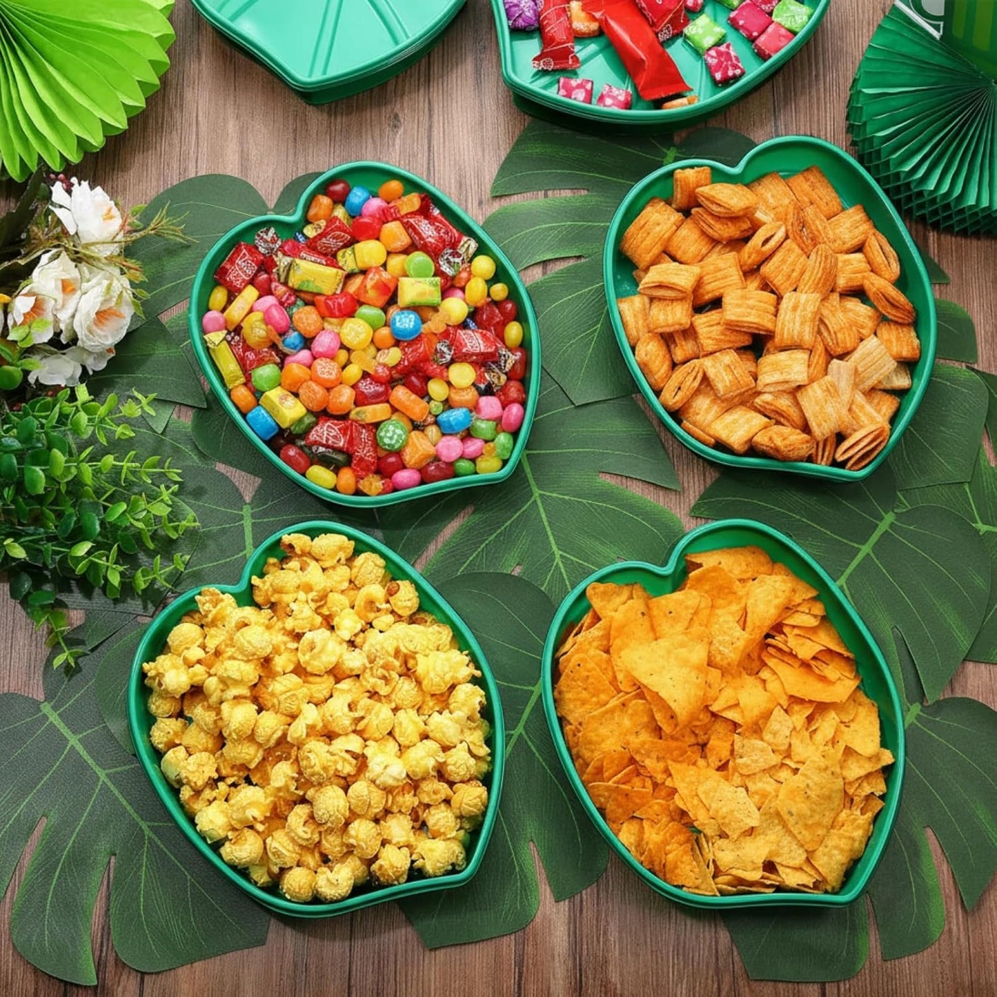 Zopeal 12 Pieces Palm Leaf Plates Hawaii Style Snack Tray Reusable Cookies Candy Dip Palm Leaf Serving Platter Green Plastic Food Tray Luau Party Plates for Jungle Safari Tropical Birthday Supplies