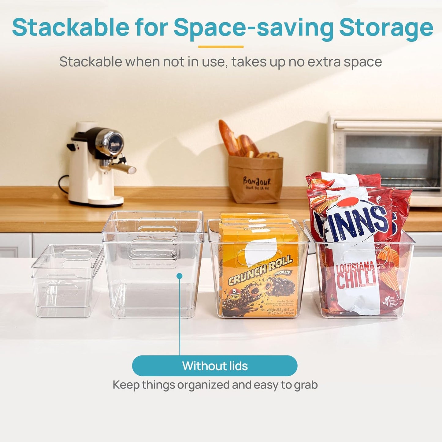 Vtopmart Clear Plastic Storage Bins, 6 PCS Pantry Organizer Bins with Handle for Refrigerator, Fridge, Cabinet, Kitchen, Countertops, Cupboard, Freezer Organization and Storage, Large