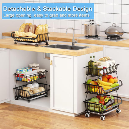 3-Tier Rolling Pantry Floor Organizer, Stackable Pantry Storage Cart with Wheels, Metal Wire Pantry Baskets, Kitchen Fruit Basket Stand, Vegetable Storage Rack for Fruits Snacks Onions Potatoes,1 Pack