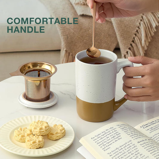 Gencywe Ceramics Large Tea Cup with Loose Leaf Infuser, Spoon and Lid, 16 oz Tall Coffee Mug, Microwave and Dishwasher Safe, Rustic Matte Ceramic Glaze, Tea Strainer, Amber