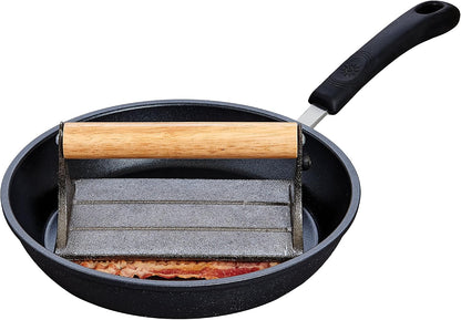 HIC Kitchen Bacon Press, Heavyweight Cast Iron, Rectangular With Wood Handle, For Stovetop Grill And Griddle