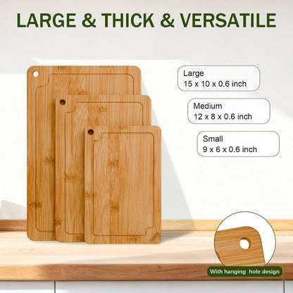 Bamboo Cutting Boards for Kitchen, Wood Cutting Board Set with Juice Grooves & Built-in Handles, Large Medium Small Chopping Board for Meat, Vegetables, Fruit