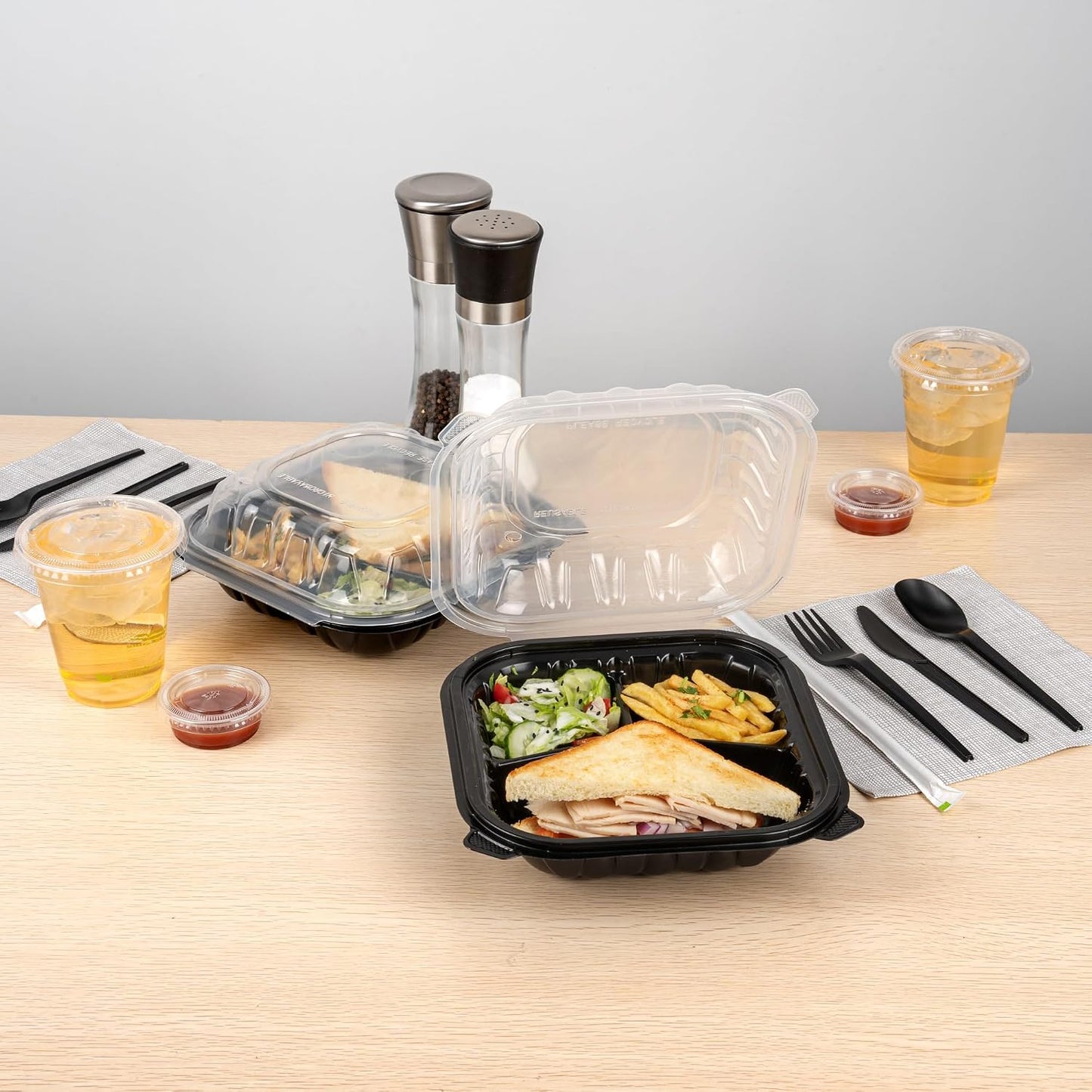 Thermo Tek 40 Ounce Clamshell Containers, 50 Disposable Take Out Boxes - 3 Compartments, Ventilated Lids, Black Plastic Meal Prep Containers, Microwavable, For Pasta Or Salads - Restaurantware
