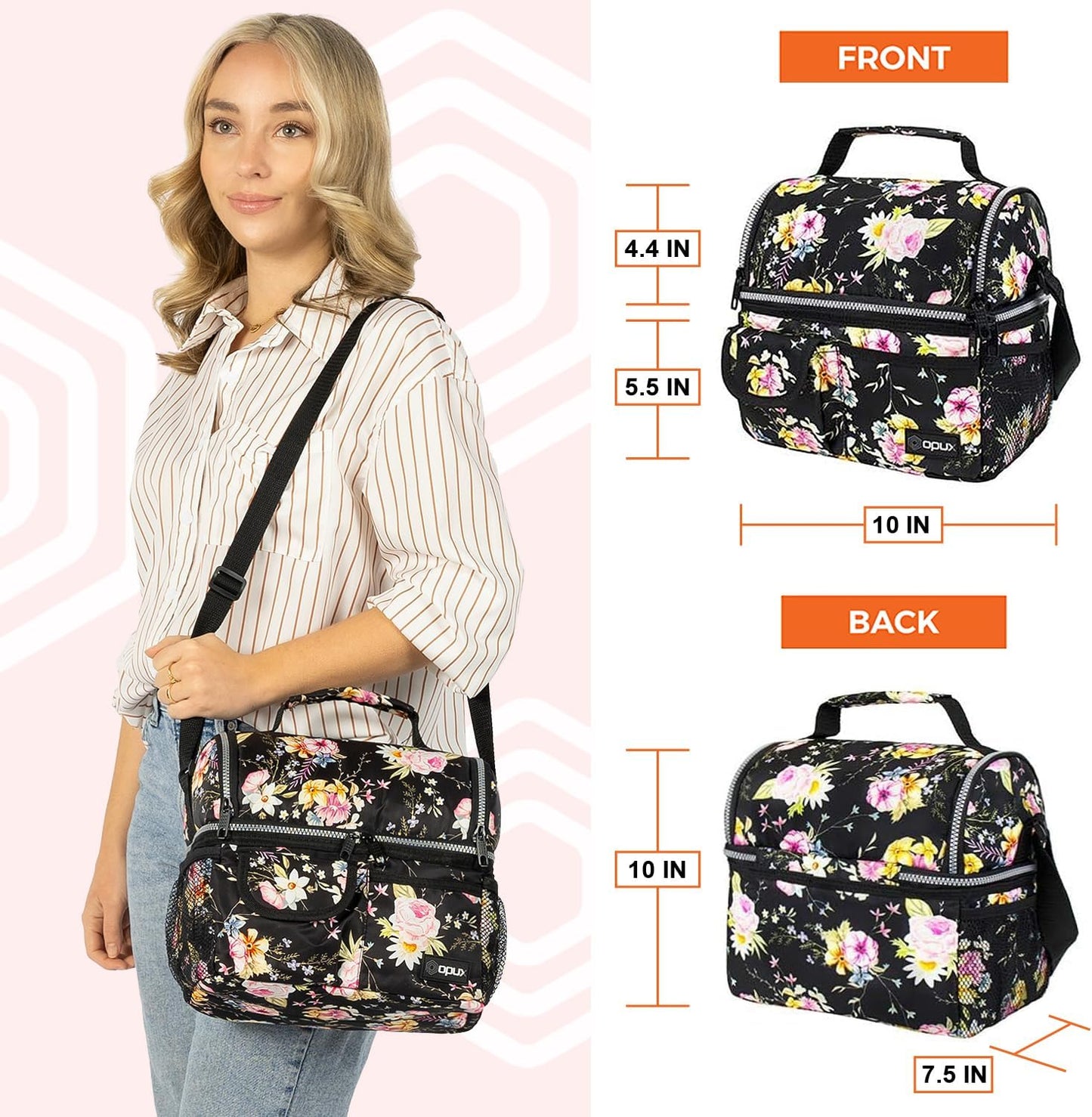 opux Insulated Lunch Bag Women Men, Dual Compartment Leakproof Lunch Box Adults Kids, Double Decker Meal Prep Bento Lunch Cooler Tote with Shoulder Strap for Work Office School Travel, Floral Purple