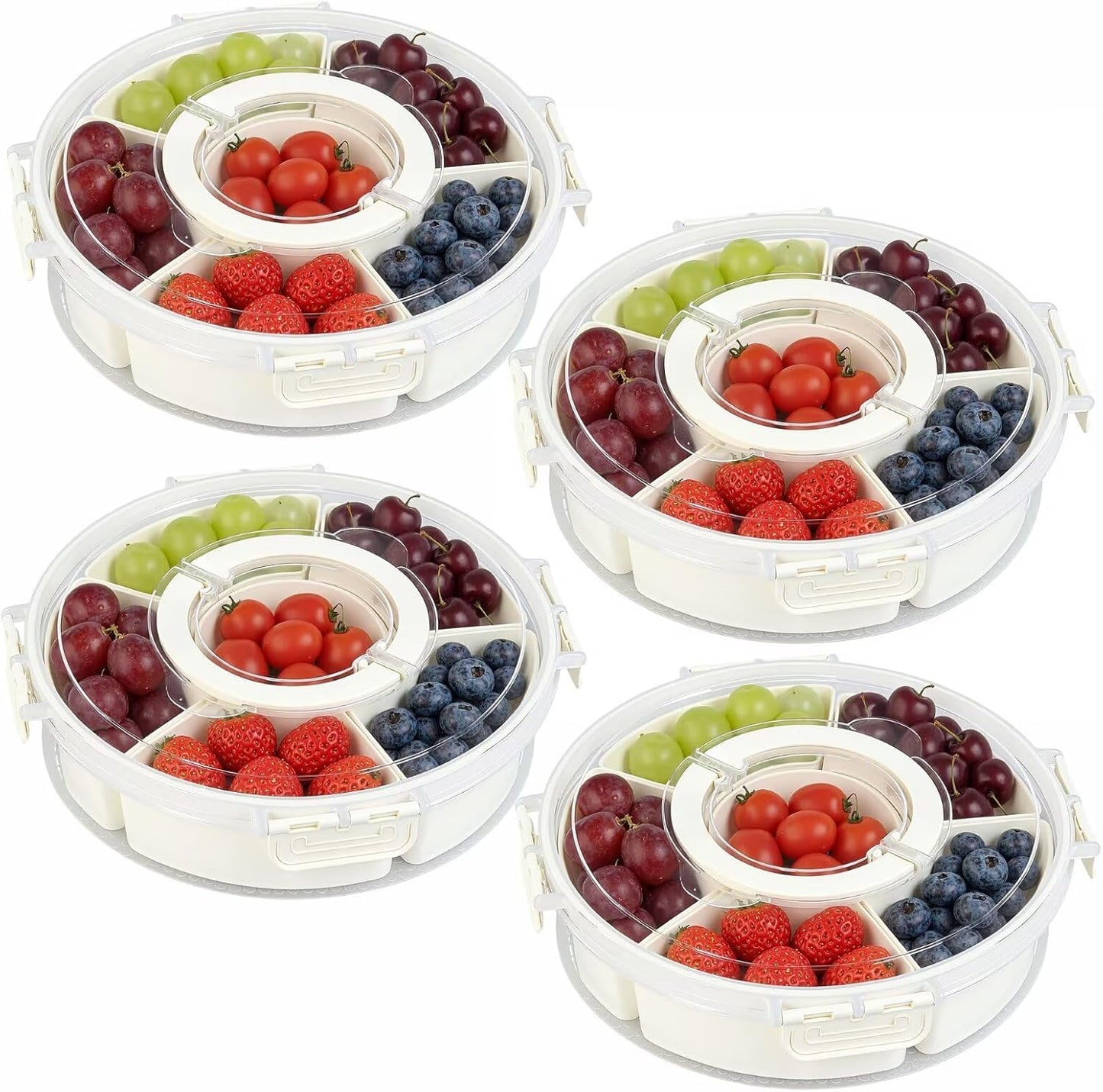 2 Packs Divided Serving Tray with Lid and Handle, Portable Round Snackle Box Container with 6 Compartments, Snack Bento Box for Party, Picnic, Travel, Beige
