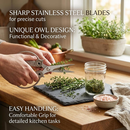XSNBRD All Purpose Kitchen Scissors, Pearl Gold Stainless Owl Shears.