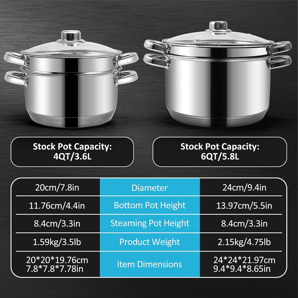 6 QT Stainless Steel Cookware Set, 3-Piece Multipurpose Stock Pot with Steamer Pot and Tempered Glass Lid, Stainless Steel Handle, Work with Gas Electric Induction Stove